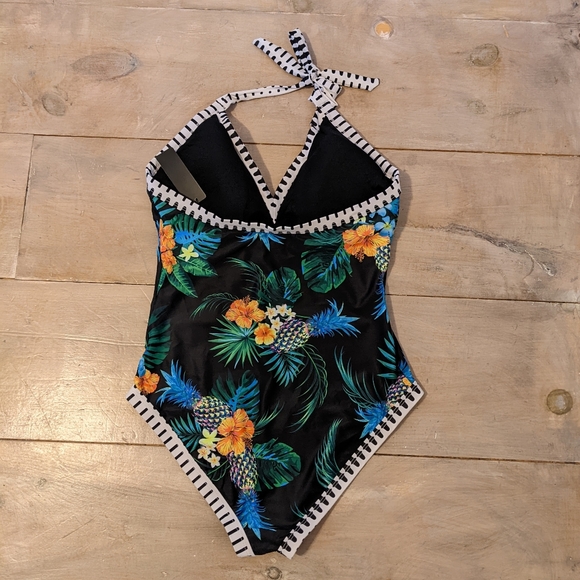 TEMPT ME Black Floral Print One Piece Swimsuit Size L NWT - Picture 2 of 2